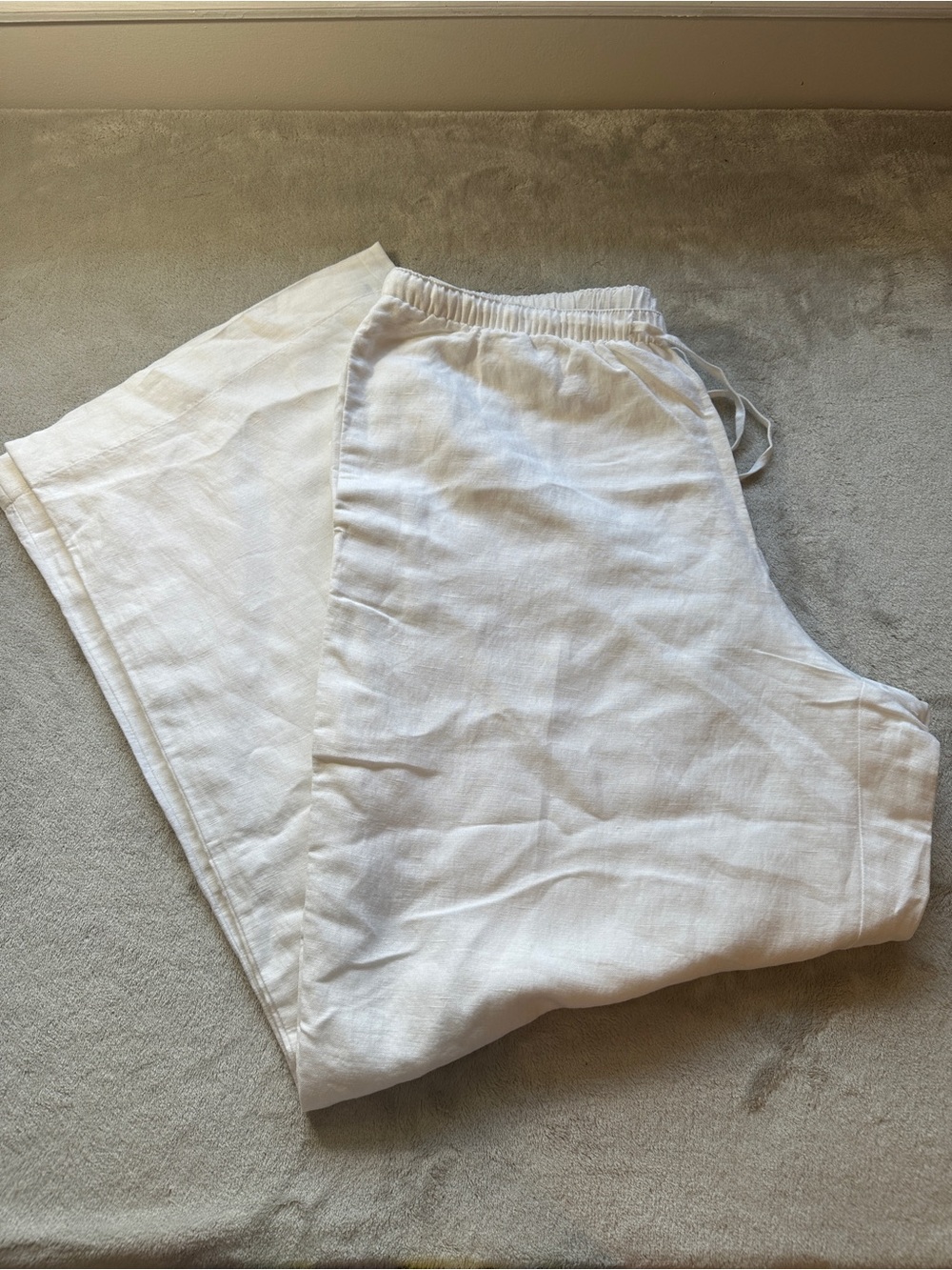LOFT White Wide-Leg Linen Drawstring Pants Sawyer Pull On